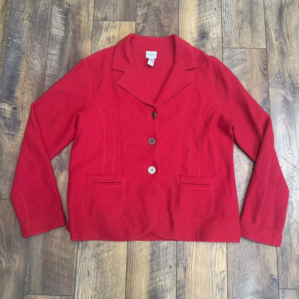 Chico’s Women’s Size 3 XL Red 100% Wool Blazer Jacket Patch Pockets